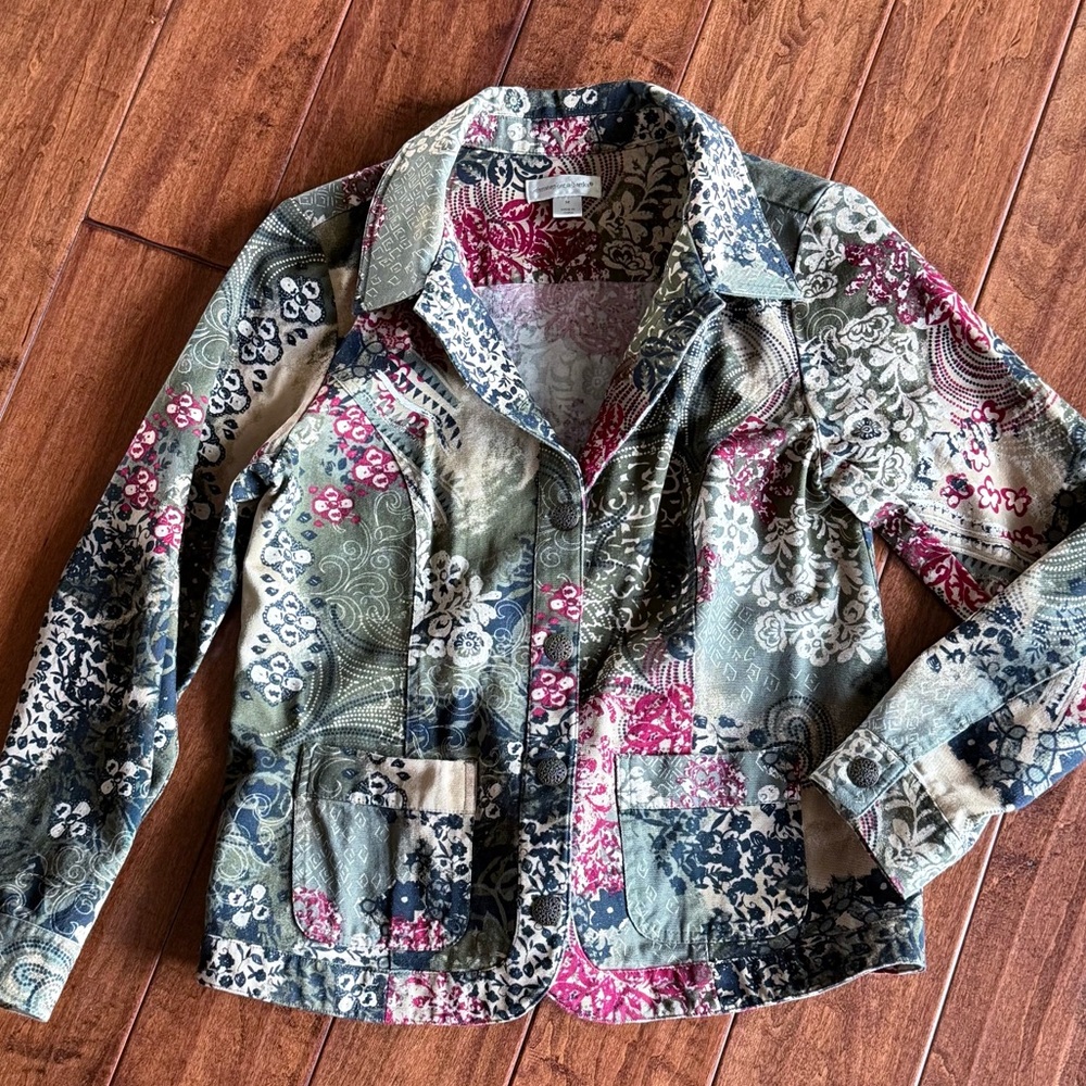 Christopher & Banks Cotton Twill Floral Patchwork Blazer